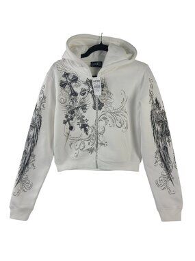 NEW Insomnia IV Elegance Cropped Hoodie White Angel Wings & Cross Graphic Sz L